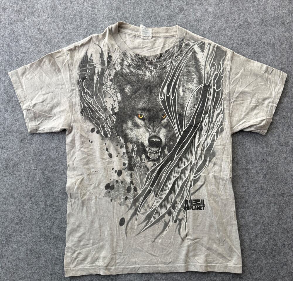 Y2K Animal Planet Wolf Graphic Print T-Shirt Men’s M Light Gray (S03)